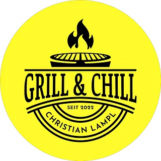 Logo von Grill & Chill Großpesendorf – schwarzer Grill mit Flamme über dem Schriftzug „Grill & Chill“ auf gelbem Kreis, darunter „Seit 2022 – Christian Lampl“